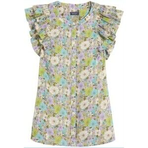 Vineyard Vines Floral Ruffle Sleeve Blouse in Pastel Green, Blue, Lavender